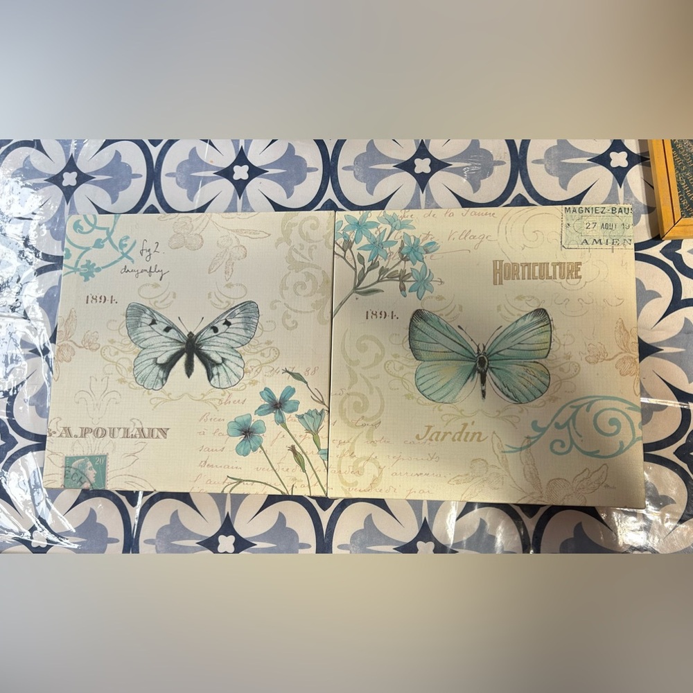 Butterfly Wall Art Canvas Pair - Teal and Cream